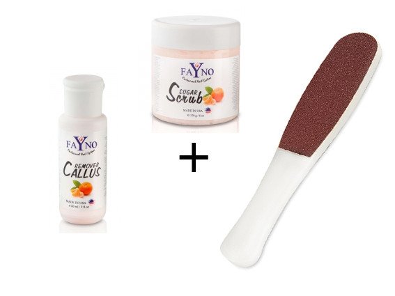Калус ремувер Fayno, 60 мл и Пилка для педикюра My Nail 80/150 и Сахарный скраб Fayno "Мандарин", 17