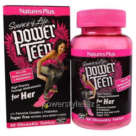 Витамины для девочек, Power Teen For Her, Nature's Plus, Source of Life, ягодный вкус, 60 таблеток